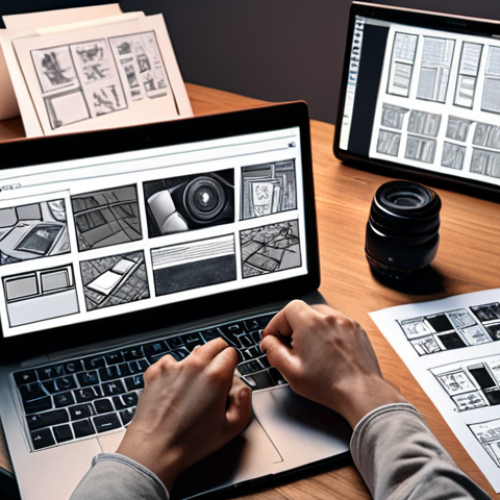 Home 4 **A person writing a video script with a laptop, surrounded by creative elements like storyboards, a camera, and notes, symbolizing video planning.**