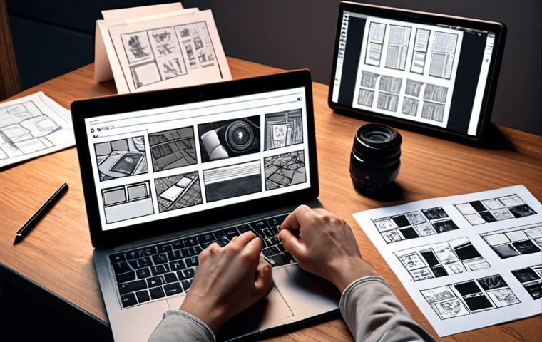 **A person writing a video script with a laptop, surrounded by creative elements like storyboards, a camera, and notes, symbolizing video planning.**