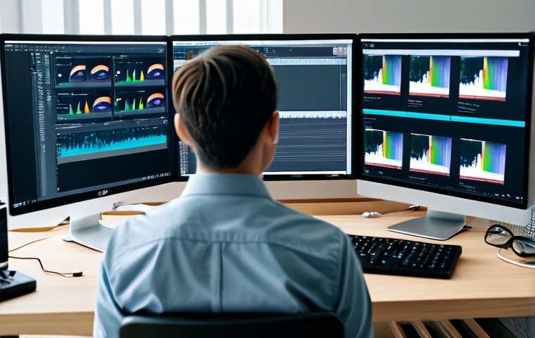영상콘텐츠 전문가가 활용하는 필수 소프트웨어 - **Prompt:** "A modern video editor working at a desk, surrounded by computer screens showing editing...